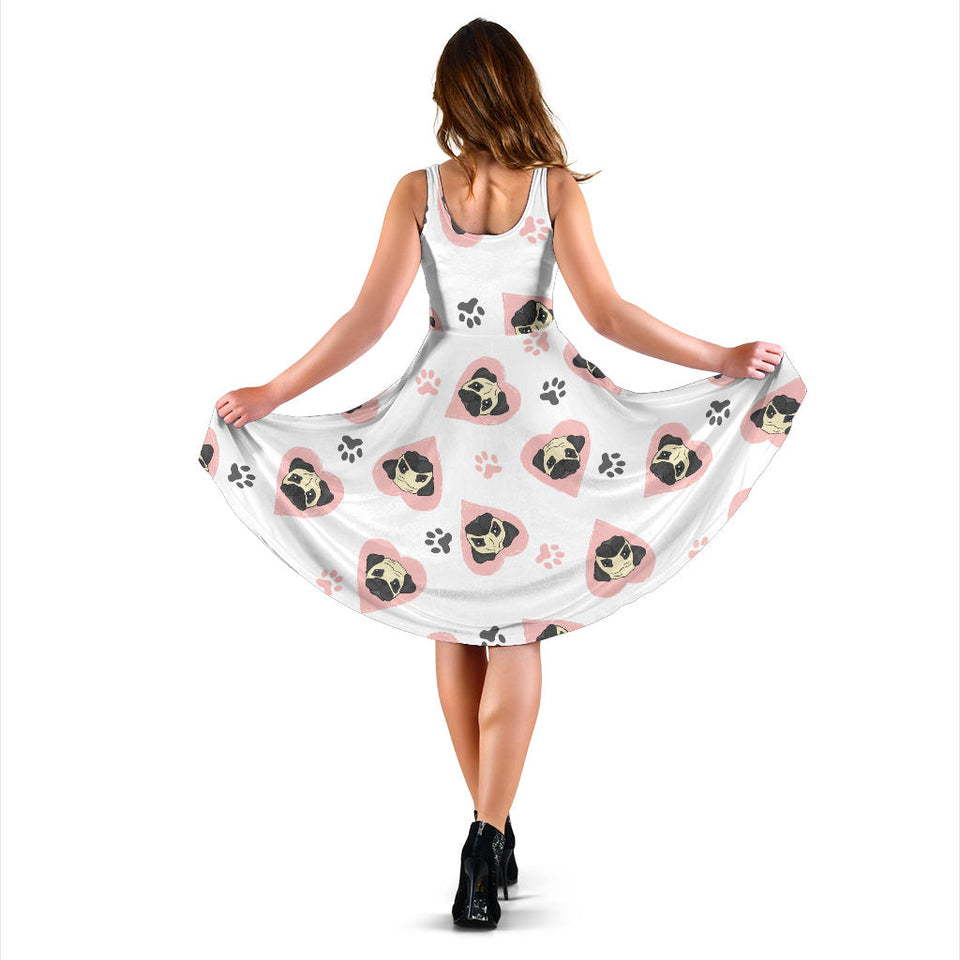 Cute Pugs Pink Heart Paw Pattern Sleeveless Midi Dress