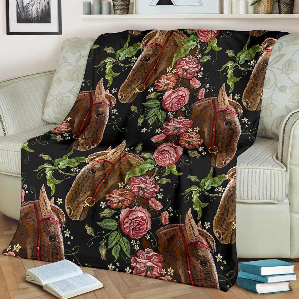 Horse Head Wild Roses Pattern Premium Blanket