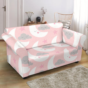 Cute Moon Cloud Star Pattern Pink Dot Background Loveseat Couch Slipcover