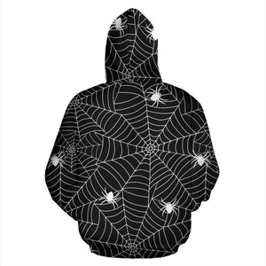 Spider Web Design Pattern Black Background White Cobweb Zip Up Hoodie
