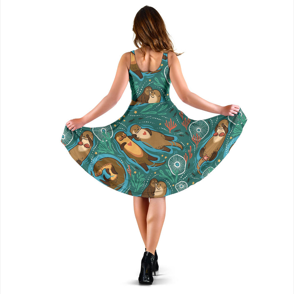Cute Brown Sea Otters Ornamental Seaweed Corals Green Water Sleeveless Midi Dress