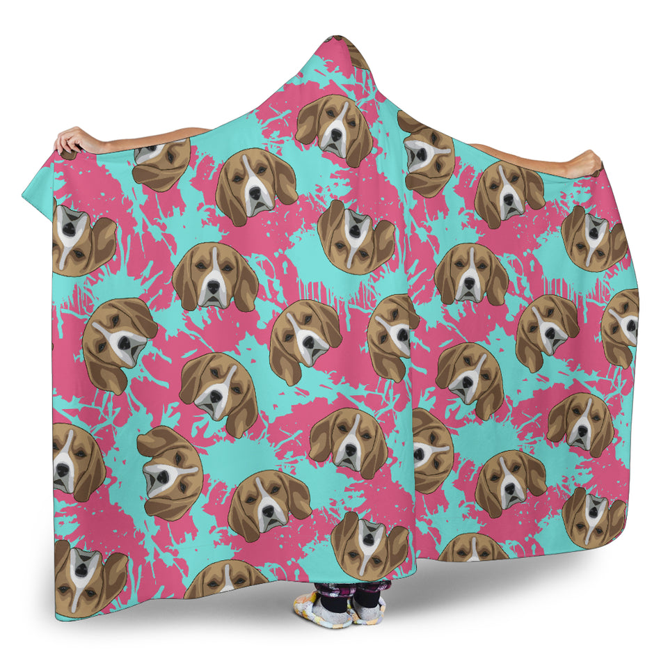 Beagle Muzzles Turquoise Paint Splashes Pink Pattern Hooded Blanket