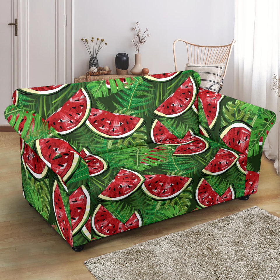 Watermelons Tropical Palm Leaves Pattern Background Loveseat Couch Slipcover