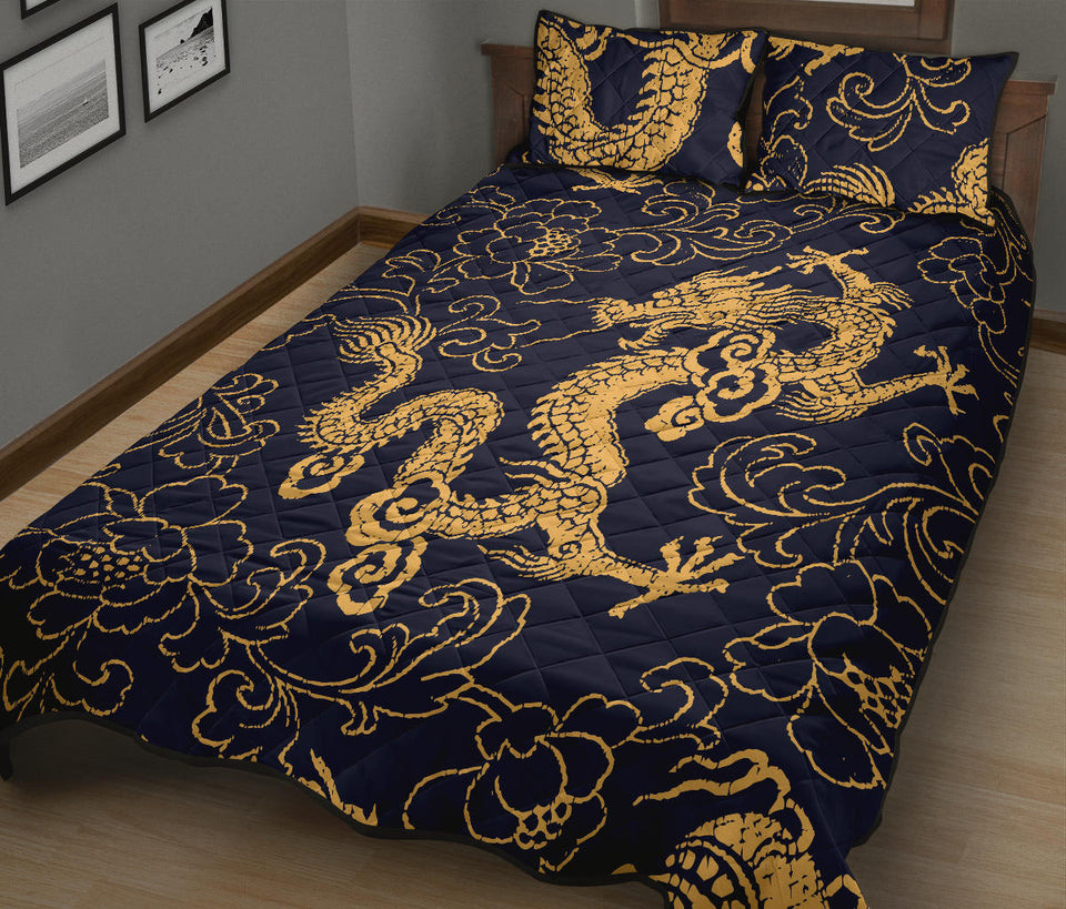 Gold dragon pattern Quilt Bed Set