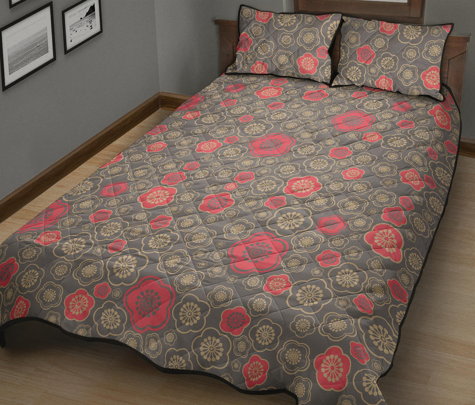 Red gold Sakura cherry blossom gray background Quilt Bed Set