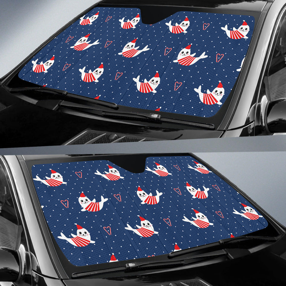 Cute Sea Lion Seal Christmas Hat Candy Cane Heart Pattern Car Sun Shade