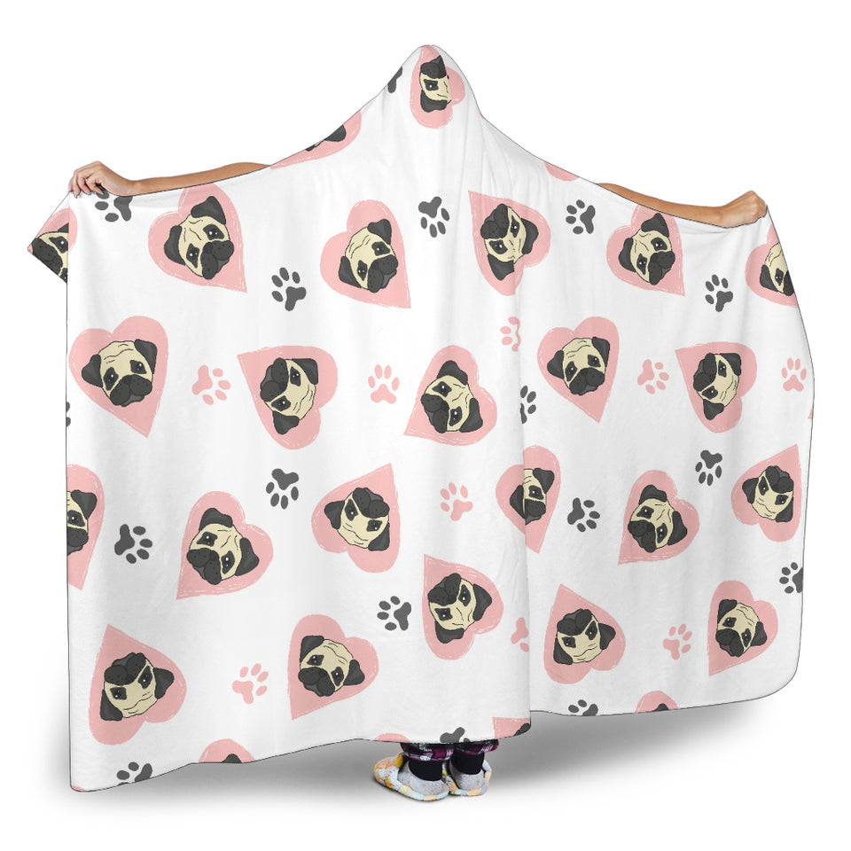 Cute Pugs Pink Heart Paw Pattern Hooded Blanket