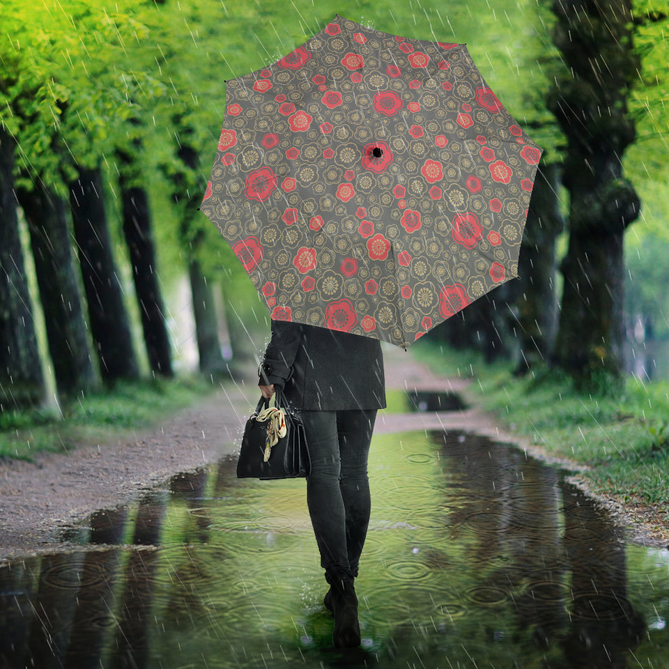 Red Gold Sakura Cherry Blossom Gray Background Umbrella