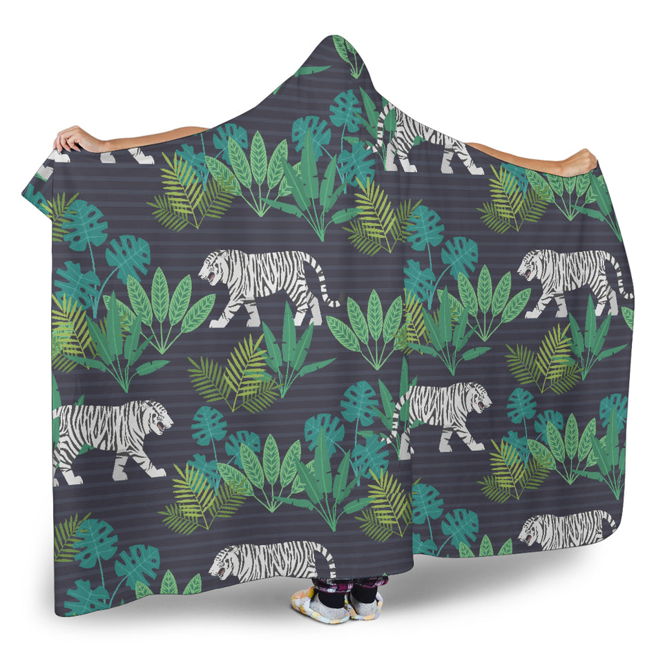White Bengal Tigers Tropical Plant Hooded Blanket