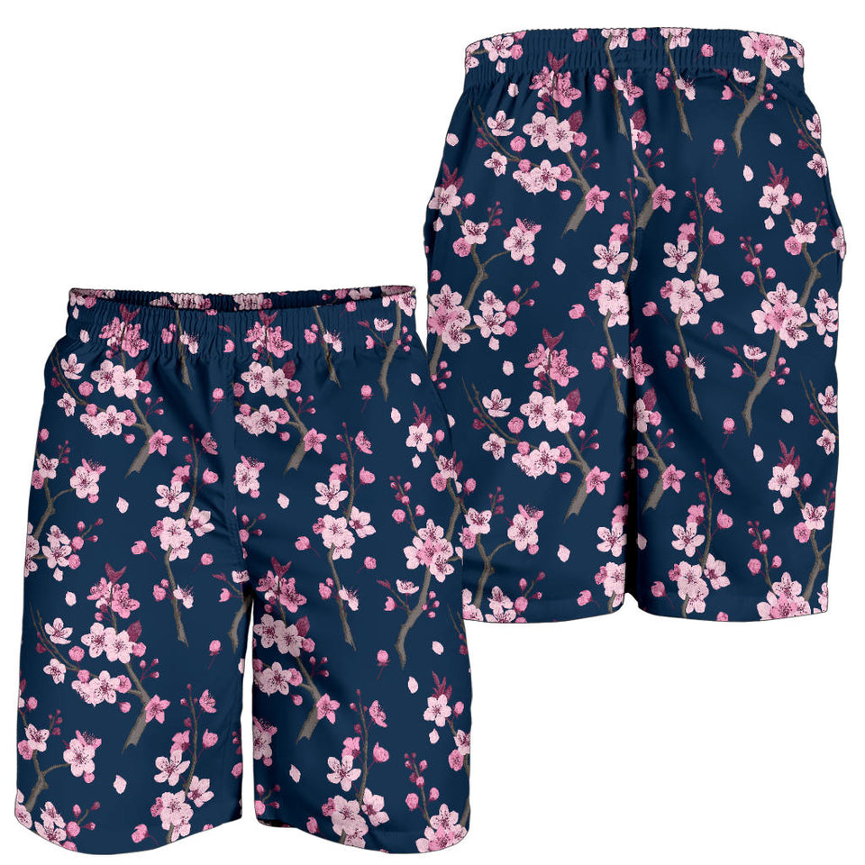 Pink Sakura Cherry Blossom Blue Background Men Shorts