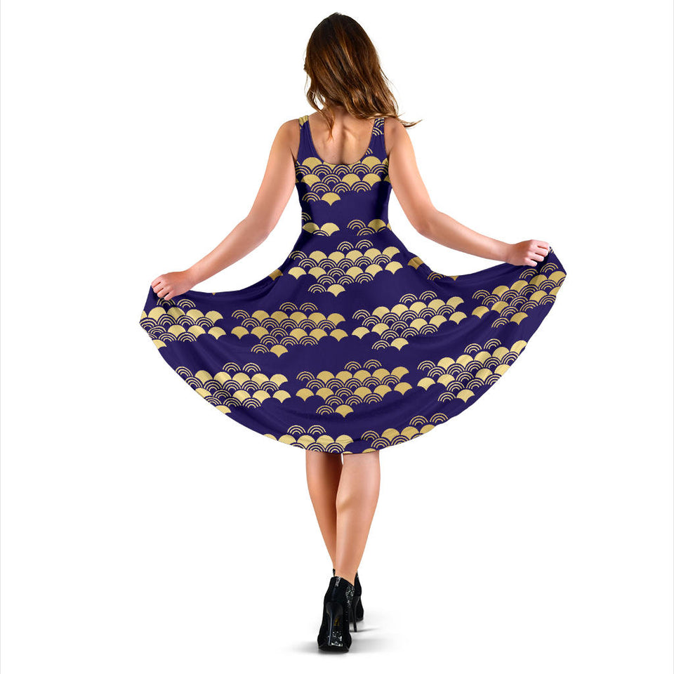 Beautiful Japanese Fan Pattern Sleeveless Midi Dress