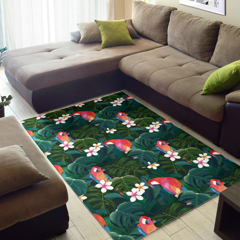 Parrot Palm Tree Leaves Flower Hibiscus Pattern Area Rug