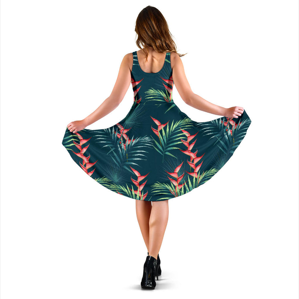 Heliconia Flowers, Palm And Monstera Leaves On Black Background Pattern Sleeveless Midi Dress