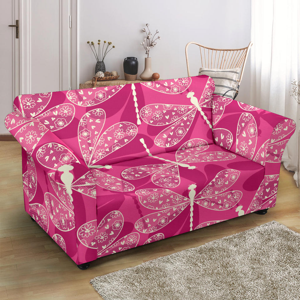 Beautiful Dragonfly Pink Background Loveseat Couch Slipcover