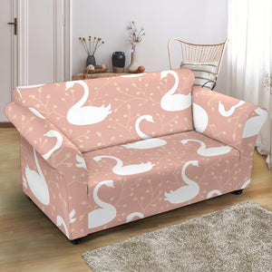 Swan Flower Light Pink Background Loveseat Couch Slipcover