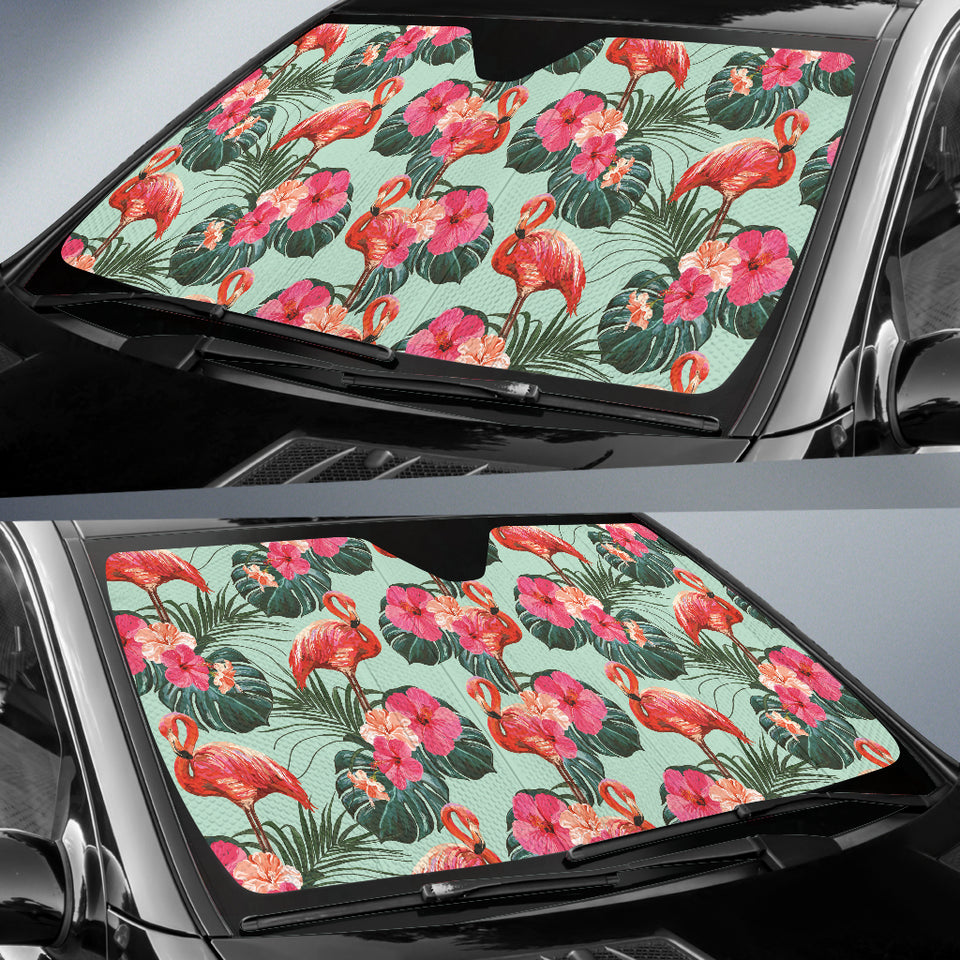 Beautiful Flamingo Tropical Palm Leaves Hibiscus Pateern Background Car Sun Shade