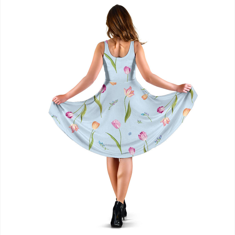 Watercolor Tulips Pattern Sleeveless Midi Dress
