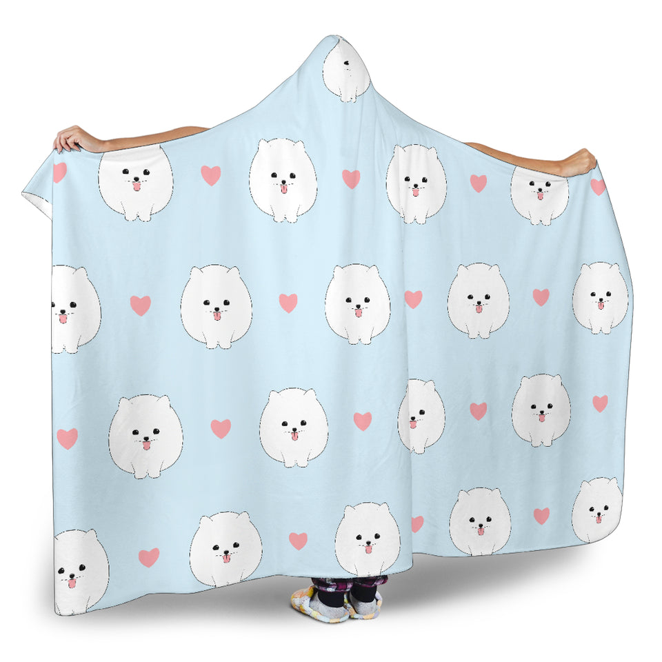 White Cute Pomeranian Pattern Hooded Blanket