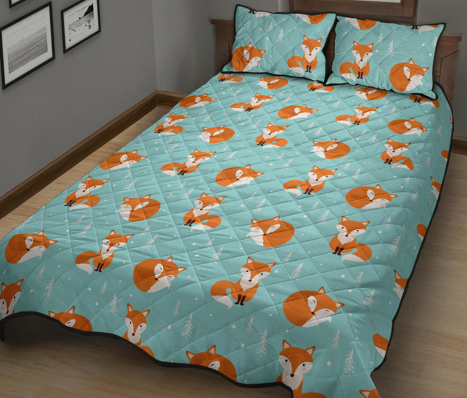Fox pattern blue b ackground Quilt Bed Set