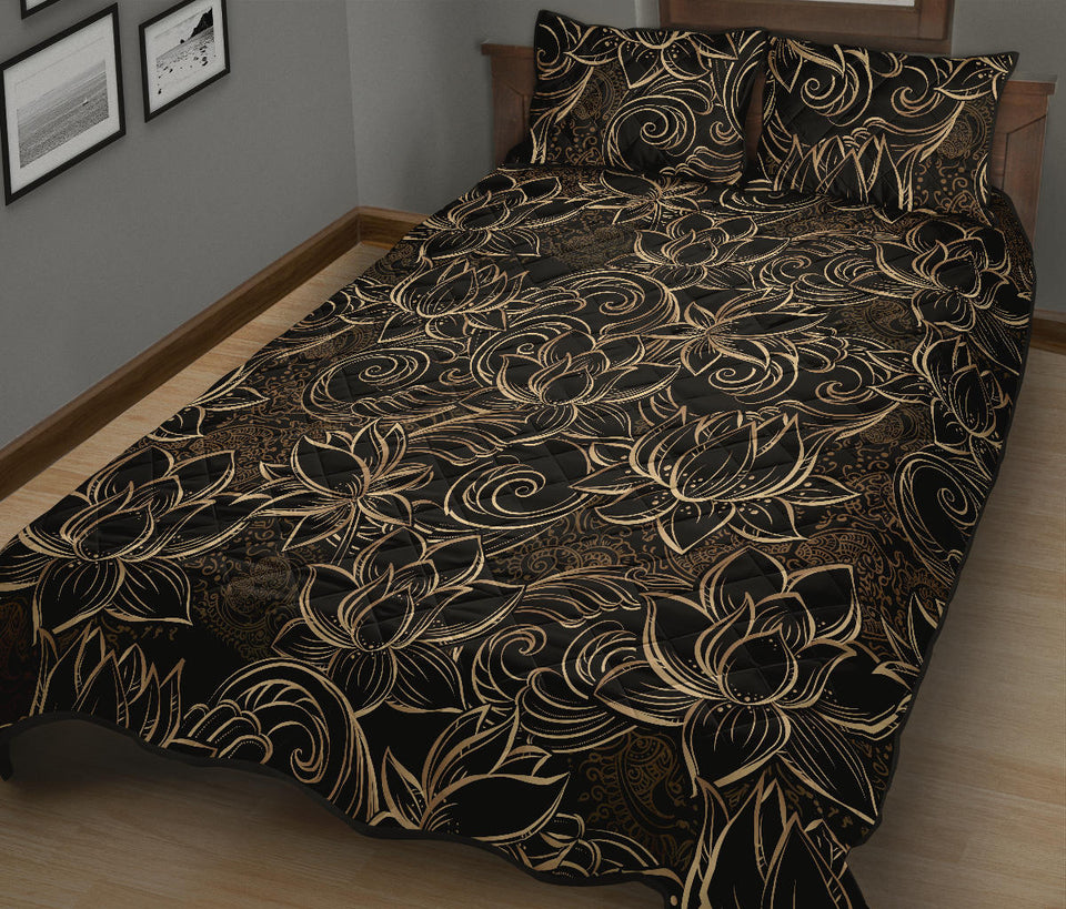 luxurious gold lotus waterlily black background Quilt Bed Set