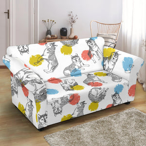 Siberian Husky And Colorful Circle Pattern Loveseat Couch Slipcover