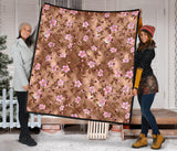 Pink Sakura Cherry Blossom Drak Brown Background Premium Quilt