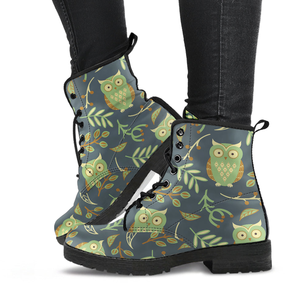Cute Owls Leaves Pattern Leather Boots