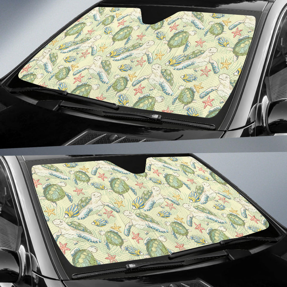 Hand Drawn Sea Turtle Fish Pattern Car Sun Shade