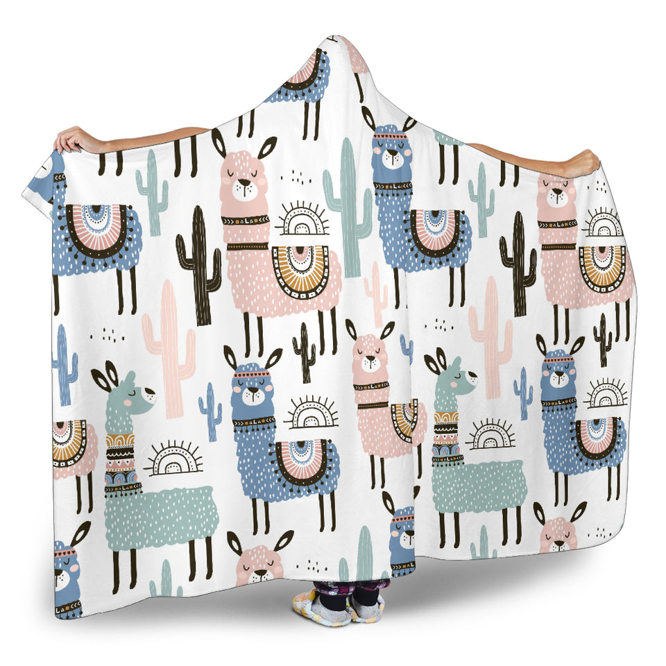 Lama Alpaca Cactus Hand Drawn Pattern Hooded Blanket
