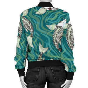 Koi Fish Carp Fish Lotus Pattern Women'S Bomber Jacket