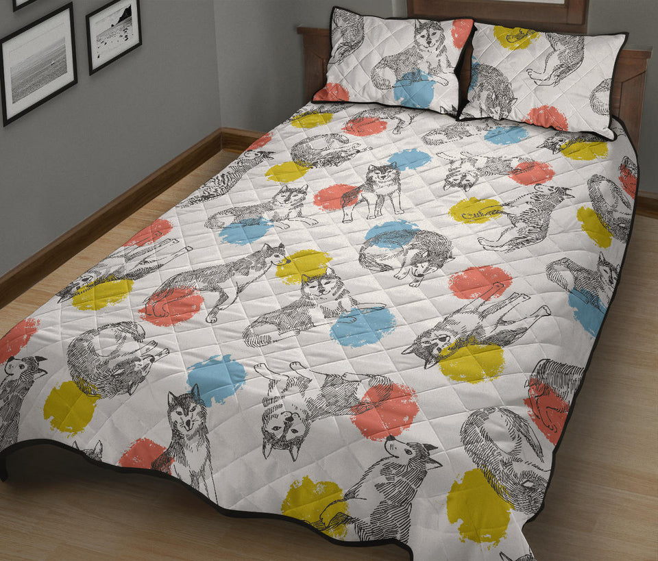 Siberian husky and colorful circle pattern Quilt Bed Set