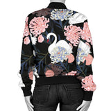 White Swan Blooming Flower Pattern Women'S Bomber Jacket