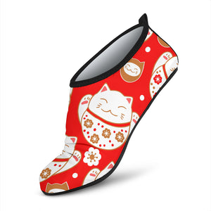 Cute Maneki Neko Lucky Cat Red Background Aqua Shoes