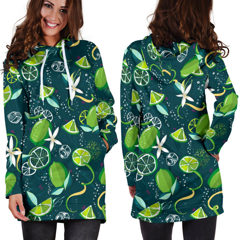 Lime Ice Flower Pattern Women'S Hoodie Dress