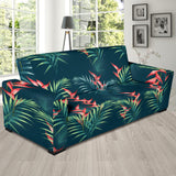 Heliconia Flowers, Palm And Monstera Leaves On Black Background Pattern Sofa Slipcover