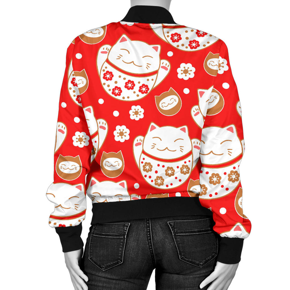 Cute Maneki Neko Lucky Cat Red Background Women'S Bomber Jacket