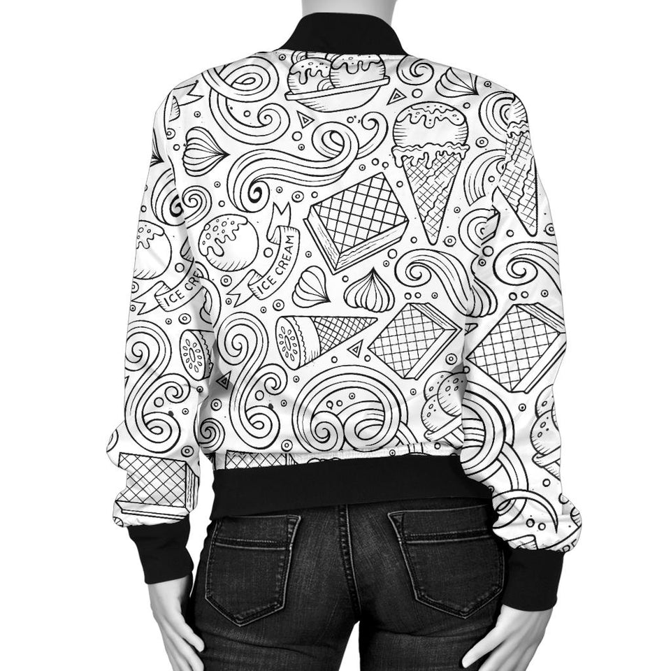 Cartoon Hand Drawn Ice Cream Black White Women'S Bomber Jacket