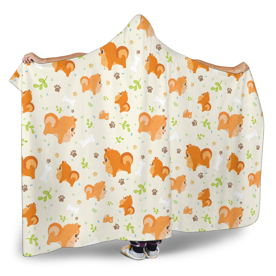 Cute Brown Pomeranian Paw Leave Bone Pattern Hooded Blanket