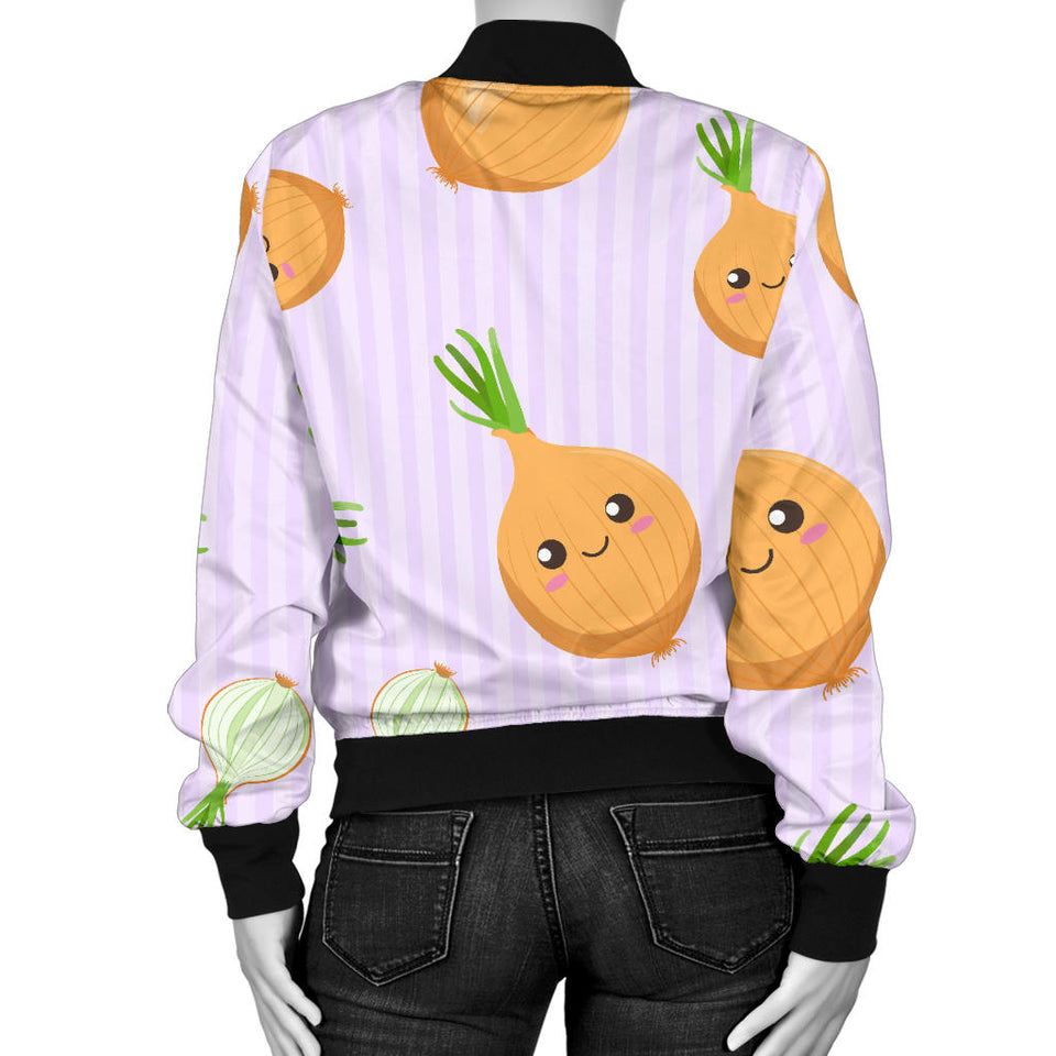 Cute Onions Smiling Faces Purple Background Women'S Bomber Jacket