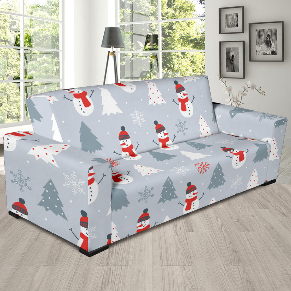 Snowman Christmas  Tree Snow Gray Background Sofa Slipcover