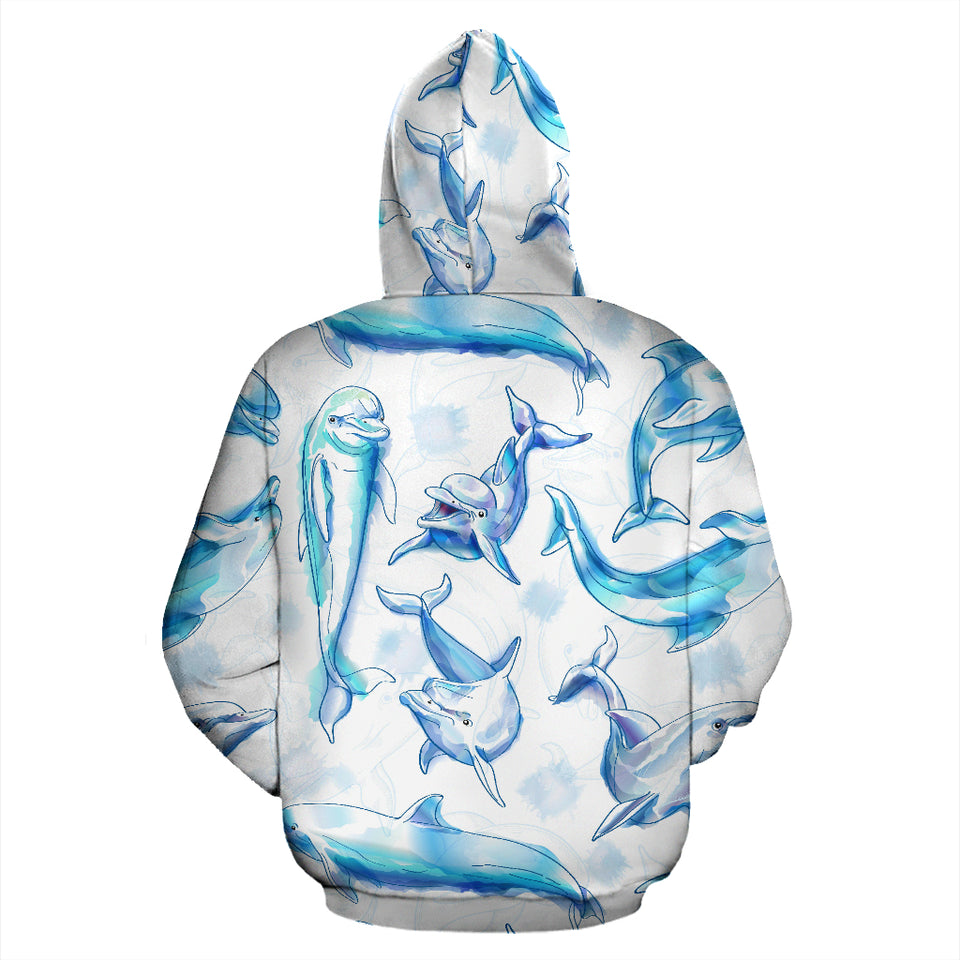 Watercolor Dolphin Pattern Zip Up Hoodie