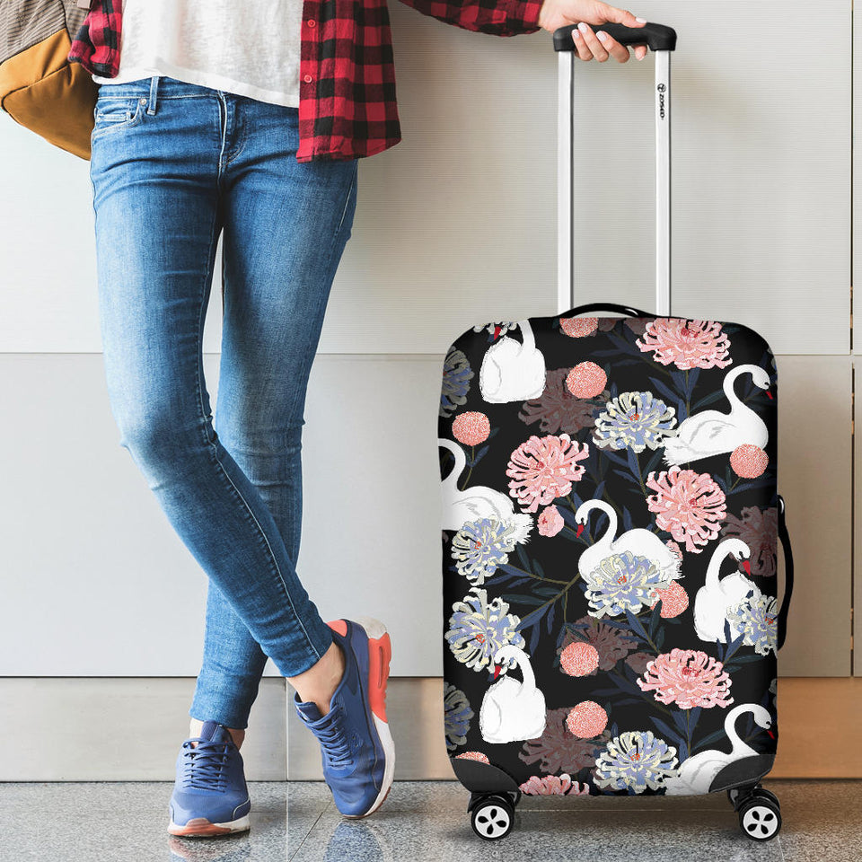 White Swan Blooming Flower Pattern Cabin Suitcases Luggages