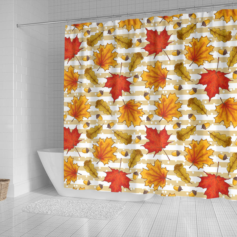 Maple Leaf Oak Leaf Acorns Beige Striped Background Shower Curtain Fulfilled In US