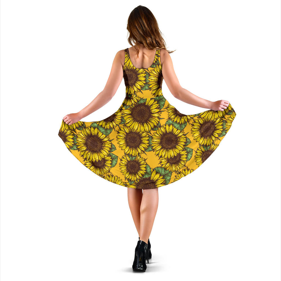 Sunflower Pattern Sleeveless Midi Dress