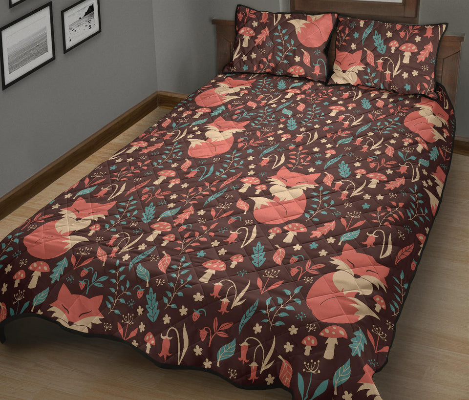fox leaves mushroom pattern Quilt Bed Set