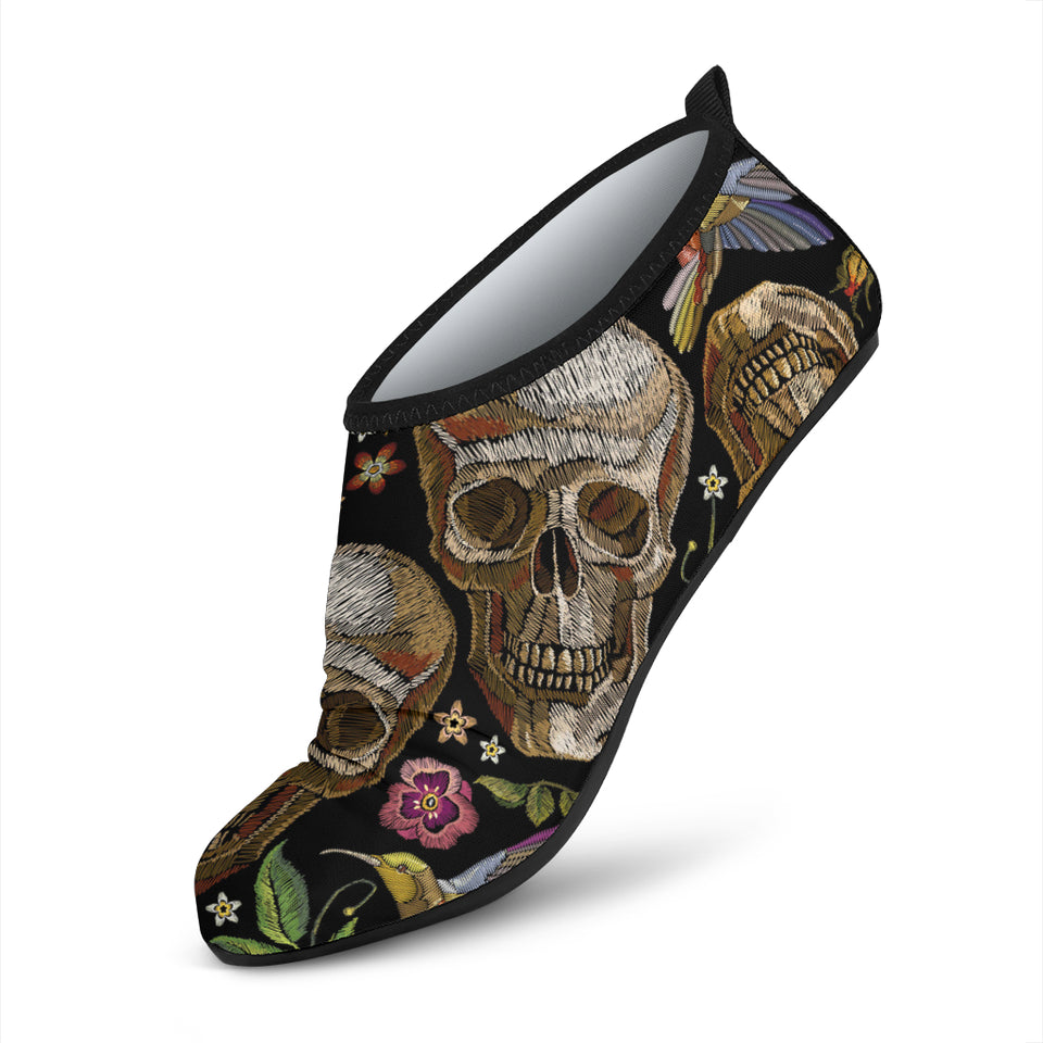 Skull Rose Humming Bird Flower Pattern Aqua Shoes