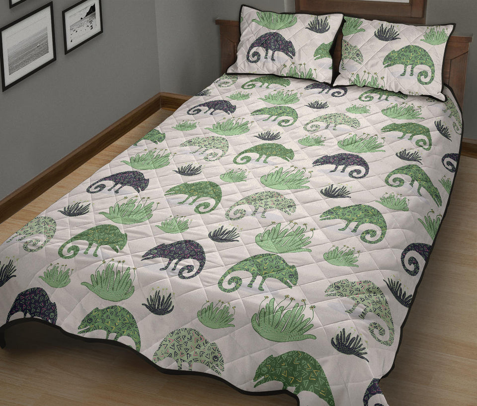 Chameleon lizard succulent plant pattern Quilt Bed Set