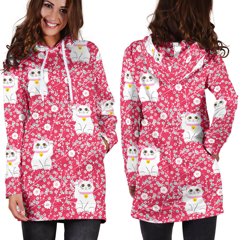 Maneki Neko Lucky Cat Sakura Pink Background Women'S Hoodie Dress