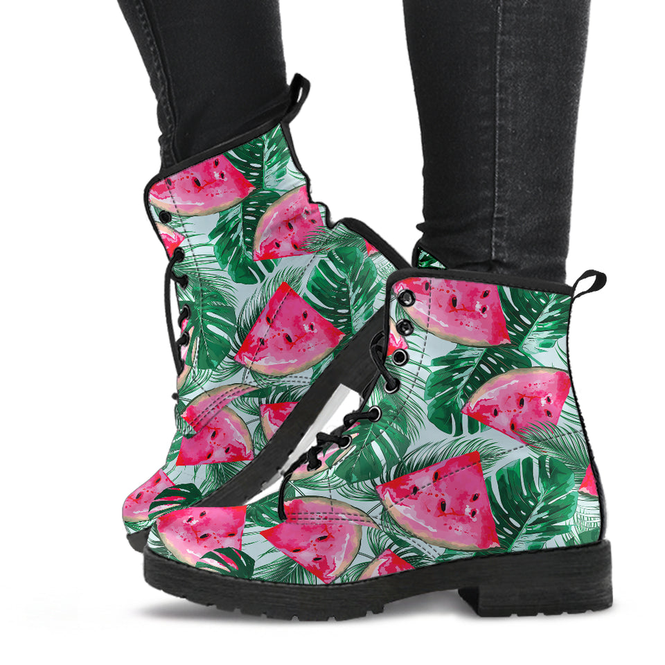 Watermelons Tropical Palm Leaves Pattern Leather Boots