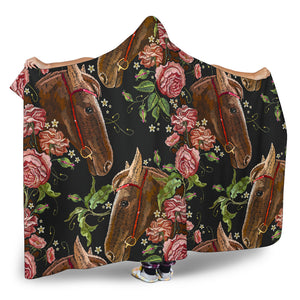 Horse Head Wild Roses Pattern Hooded Blanket